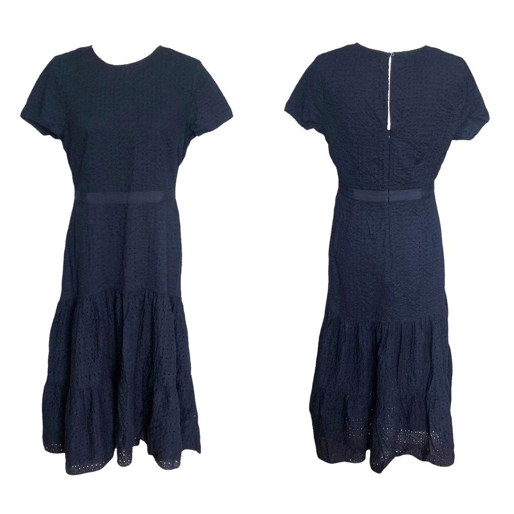 Banana Republic Dress Navy Eyelet Lace Short Sleeve Midi Tiered Womens Size 12 P